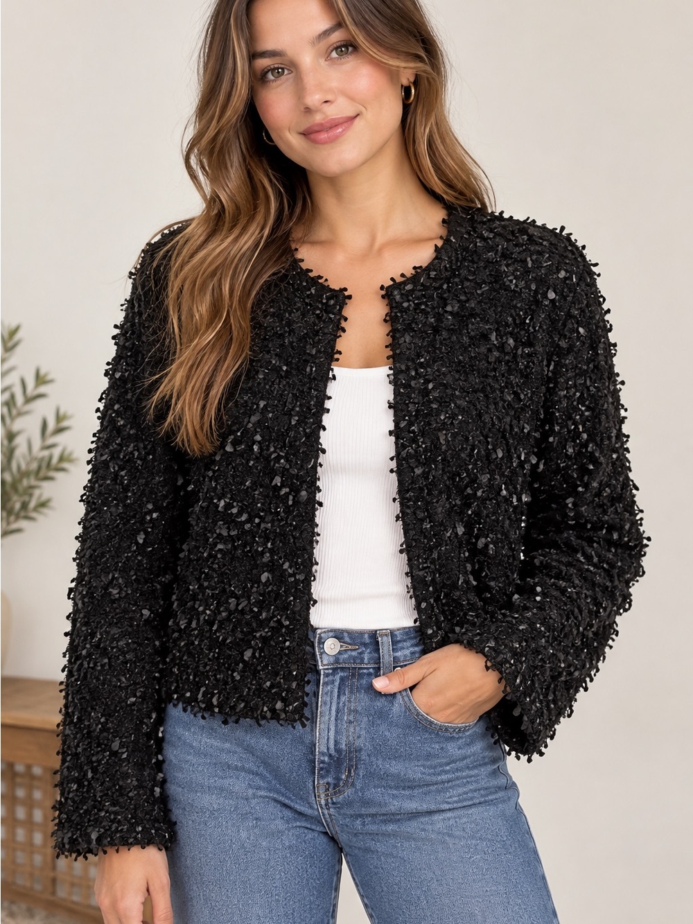 Ann Taylor Black Textured Open-Front Cardigan